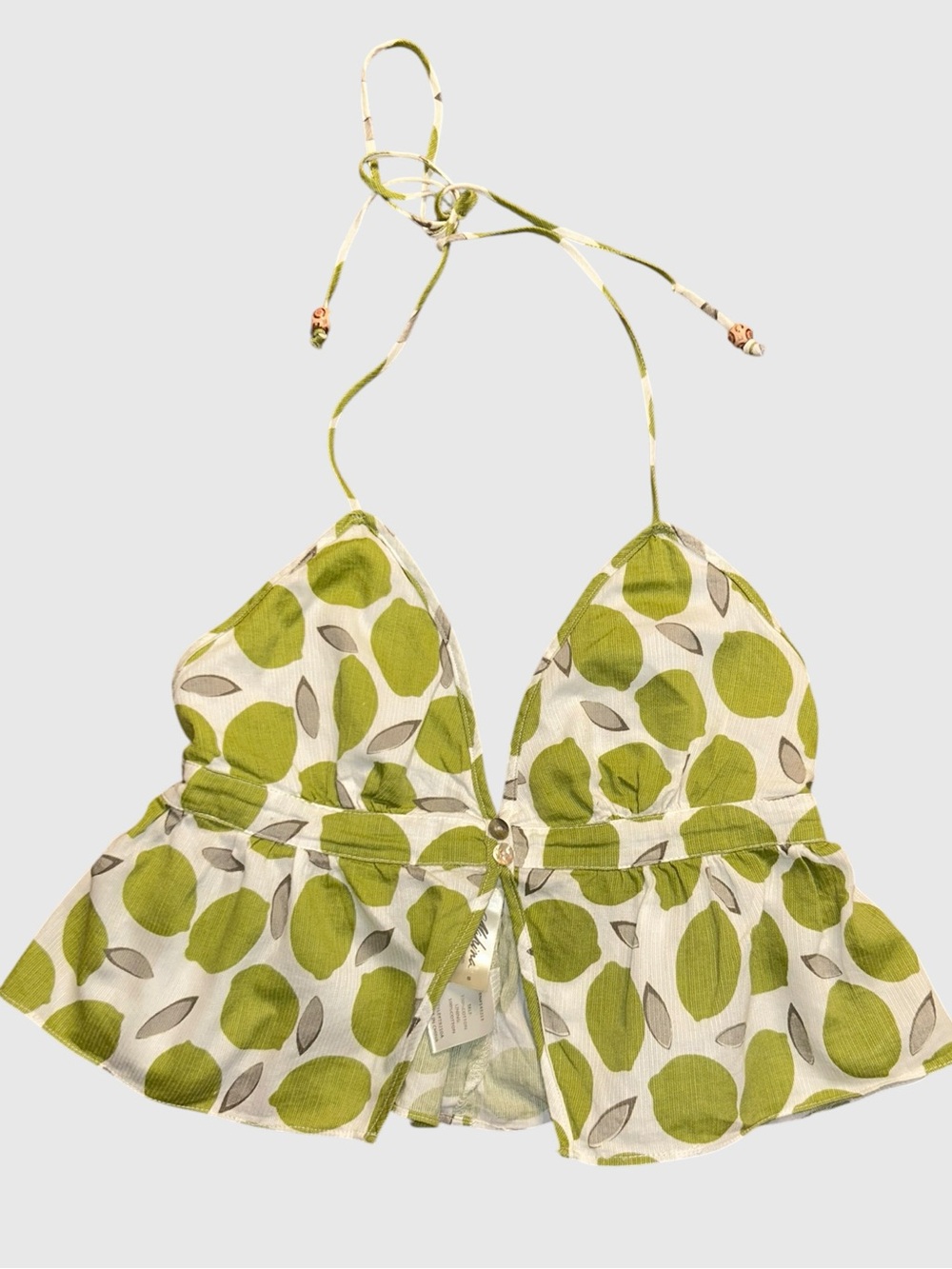 Mahina Hawaii Lime Lemon Print Halter Top Size S Plunge Peplum Babyd